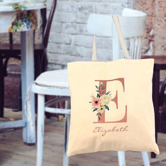 Floral Letter E Pink and Ivory Bouquet Tote Bag (Creator Uploaded)