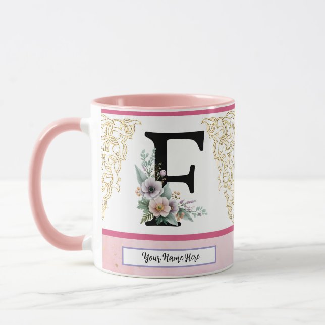 Floral Letter F – Personalized with Name Coffe Mug (Left)