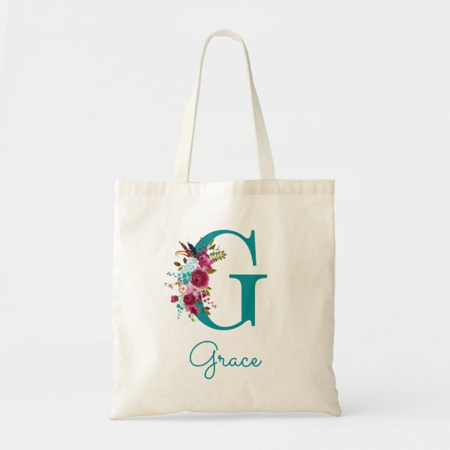 Floral Letter G Script Monogram Teal Pink Tote Bag (Front)