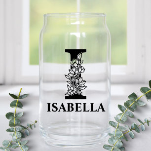 Floral Letter I Monogram and Personalised Name Can Glass