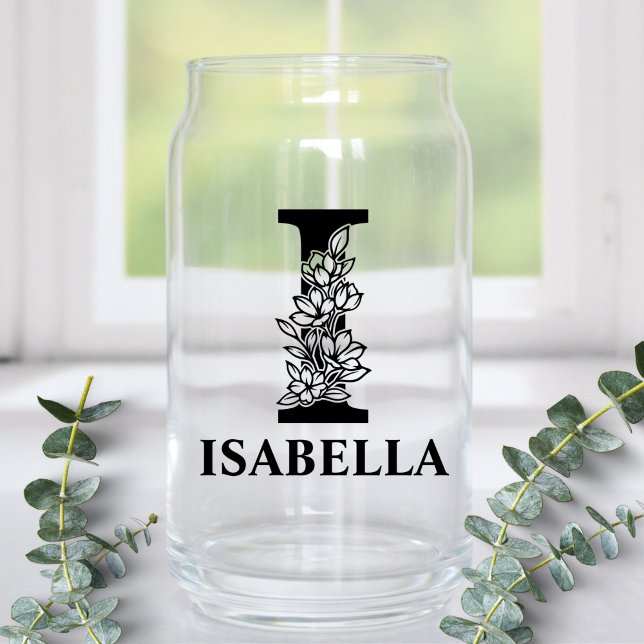 Floral Letter I Monogram and Personalised Name Can Glass (Creator Uploaded)