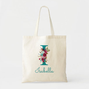 Floral Letter I Script Monogram Teal Pink Tote Bag