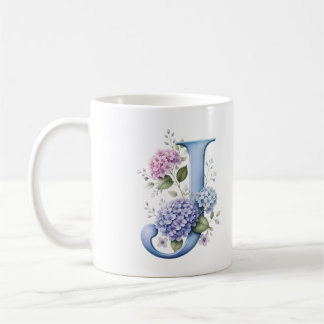 Floral Letter J Hydrangea Flower Personalised Mug