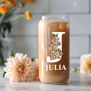 Floral Letter J Monogram Personalised Name White Can Glass