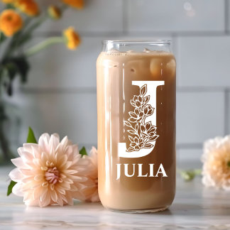 Floral Letter J Monogram Personalised Name White Can Glass