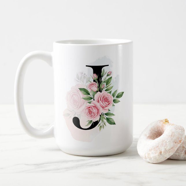 Floral Letter J – Soft Pastel Monogram Coffee Mug (With Donut)