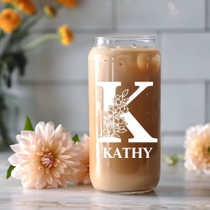 Floral Letter K Monogram Personalised Name White Can Glass