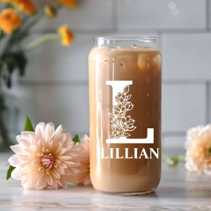 Floral Letter L Monogram Personalised Name White Can Glass
