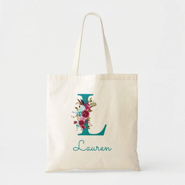 Floral Letter L Script Monogram Teal Pink Tote Bag (Front)