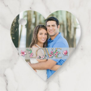 Floral Letter LOVE with Couples Photo Heart Favour Tags
