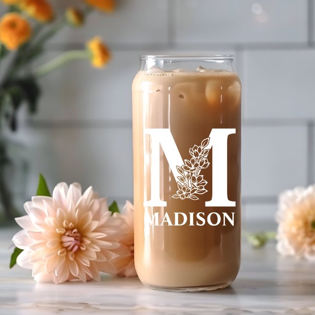 Floral Letter M Monogram Personalised Name White Can Glass (Creator Uploaded)