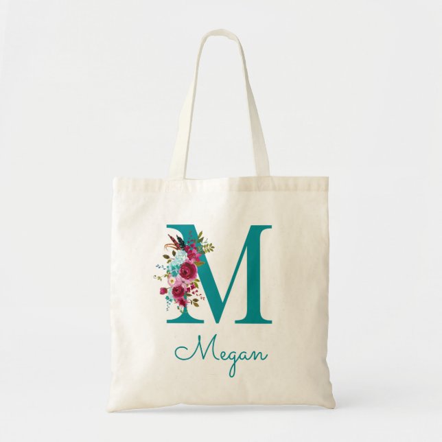 Floral Letter M Script Monogram Teal Pink Tote Bag (Front)