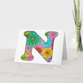 Floral Letter N Greeting Card - Blank Inside
