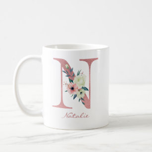 Floral Letter N Initial - Pink and Ivory Bouquet Coffee Mug