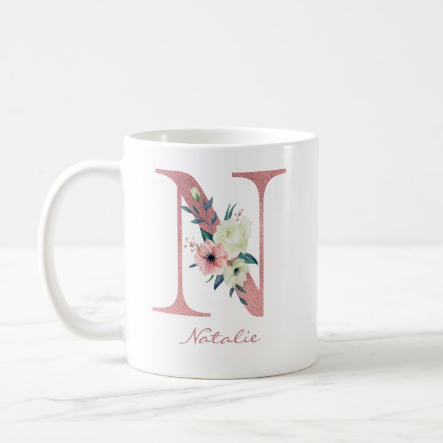 Floral Letter N Initial - Pink and Ivory Bouquet Coffee Mug (Left)