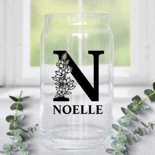 Floral Letter N Monogram and Personalised Name Can Glass