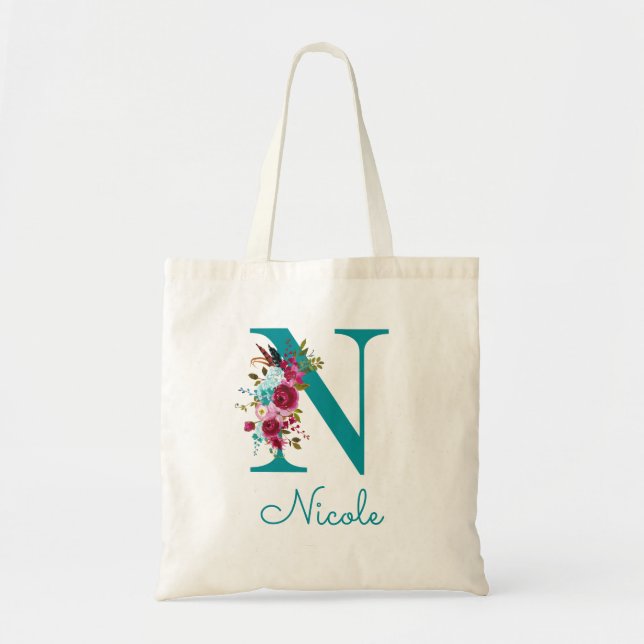 Floral Letter N Script Monogram Teal Pink Tote Bag (Front)