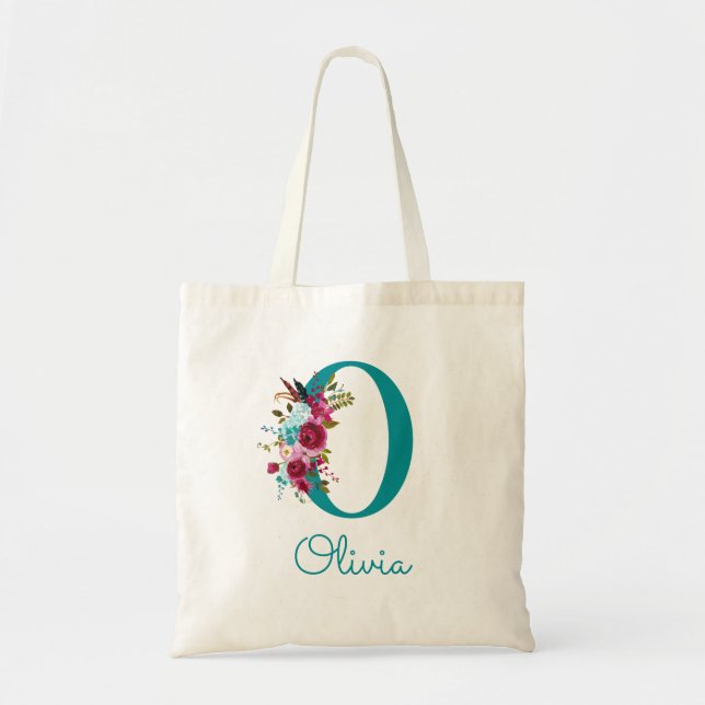 Floral Letter O Script Monogram Teal Pink Tote Bag (Front)