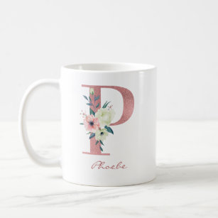 Floral Letter P Initial - Pink and Ivory Bouquet Coffee Mug