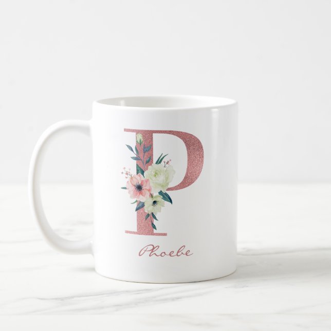 Floral Letter P Initial - Pink and Ivory Bouquet Coffee Mug (Left)