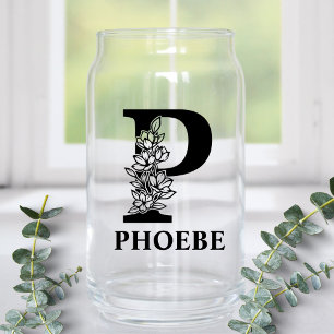 Floral Letter P Monogram and Personalised Name Can Glass