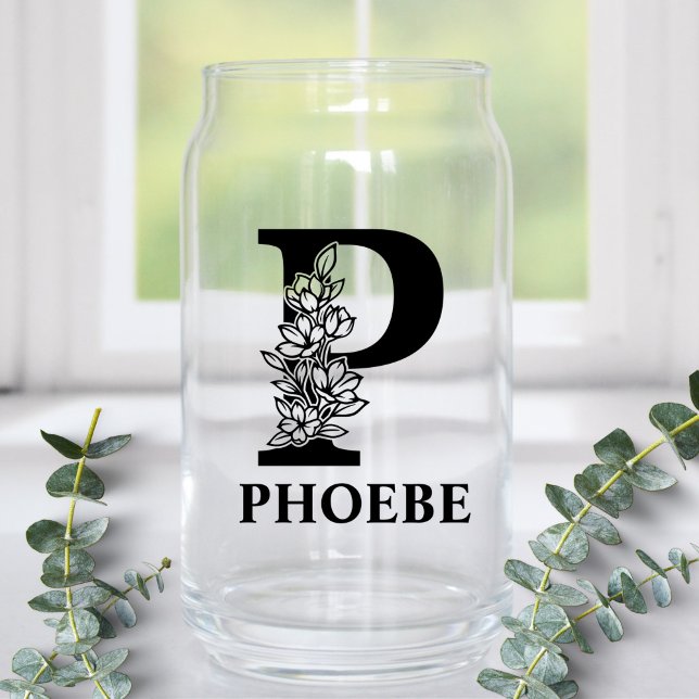 Floral Letter P Monogram and Personalised Name Can Glass (Creator Uploaded)