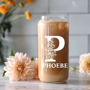 Floral Letter P Monogram Personalised Name White Can Glass