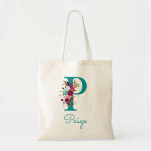 Floral Letter P Script Monogram Teal Pink Tote Bag