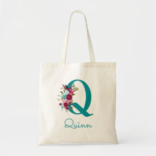Floral Letter Q Script Monogram Teal Pink Tote Bag