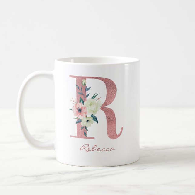 Floral Letter R Initial - Pink and Ivory Bouquet Coffee Mug (Left)