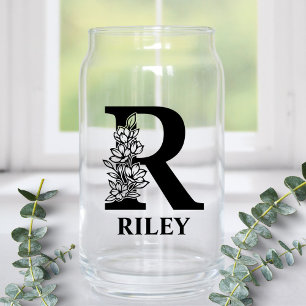 Floral Letter R Monogram and Personalised Name Can Glass