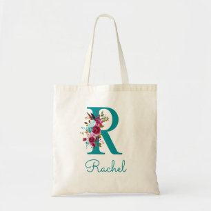 Floral Letter R Script Monogram Teal Pink Tote Bag