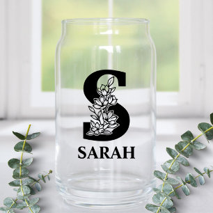 Floral Letter S Monogram and Personalised Name Can Glass