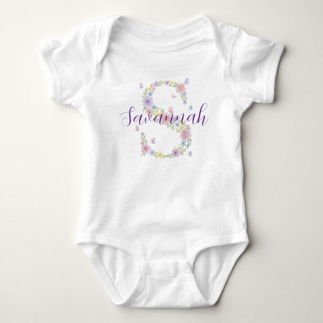 Floral Letter S Personalized Baby Bodysuit (Front)