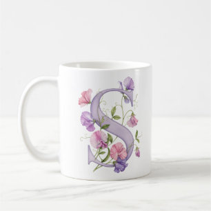 Floral Letter S Sweet Pea Flower Personalized Mug