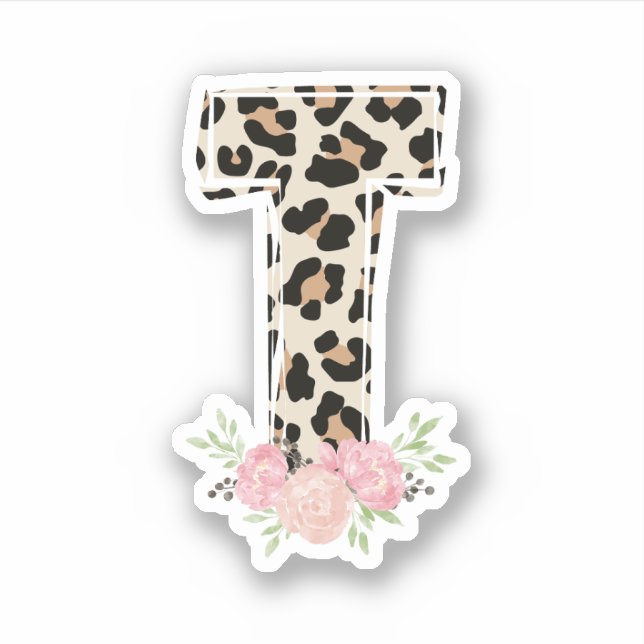 Floral Letter T Initial Name Leopard Cheetah Print (Front)