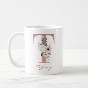 Floral Letter T Initial - Pink and Ivory Bouquet Coffee Mug