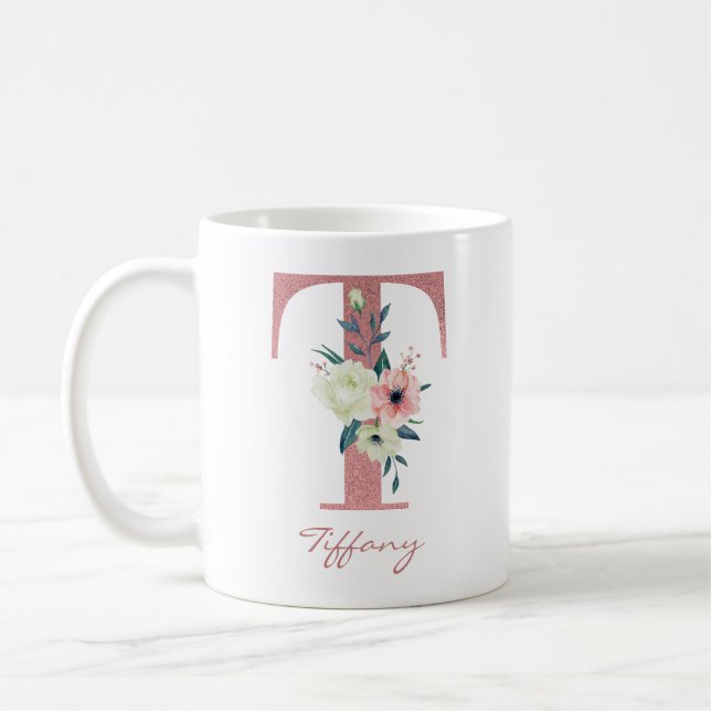 Floral Letter T Initial - Pink and Ivory Bouquet Coffee Mug (Left)
