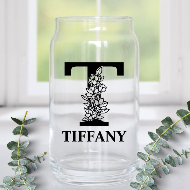Floral Letter T Monogram and Personalised Name Can Glass (Creator Uploaded)