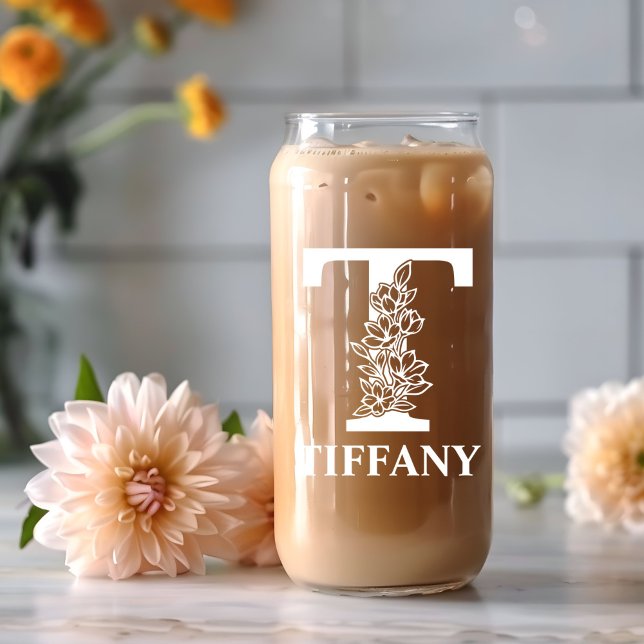 Floral Letter T Monogram Personalised Name White Can Glass (Creator Uploaded)