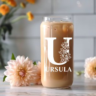 Floral Letter U Monogram Personalised Name White Can Glass