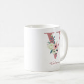 Floral Letter V Initial - Pink and Ivory Bouquet Coffee Mug (Front Right)