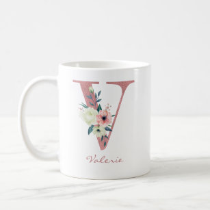 Floral Letter V Initial - Pink and Ivory Bouquet Coffee Mug