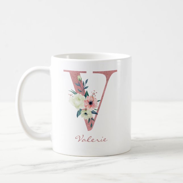Floral Letter V Initial - Pink and Ivory Bouquet Coffee Mug (Left)
