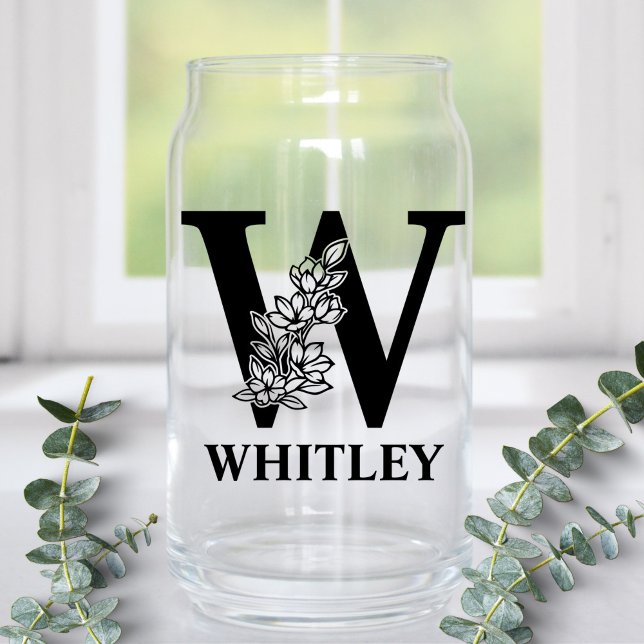 Floral Letter W Monogram and Personalised Name Can Glass (Creator Uploaded)