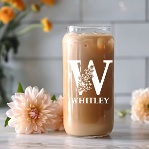 Floral Letter W Monogram Personalised Name White Can Glass