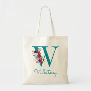 Floral Letter W Script Monogram Teal Pink Tote Bag