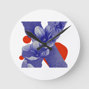 Floral Letter X – Bold Geometric Botanical Design Round Clock