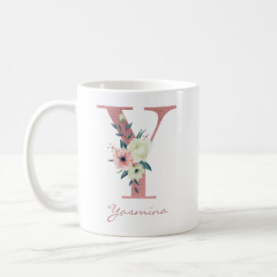 Floral Letter Y Initial - Pink and Ivory Bouquet Coffee Mug
