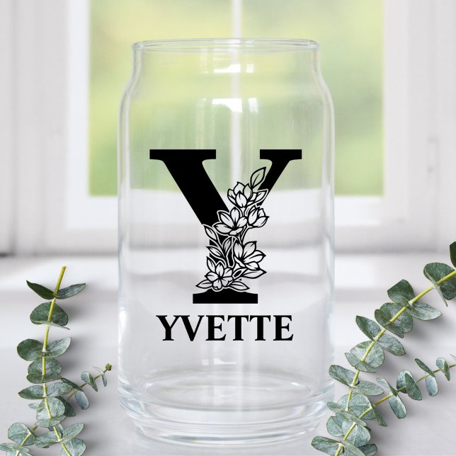Floral Letter Y Monogram and Personalised Name Can Glass (Creator Uploaded)